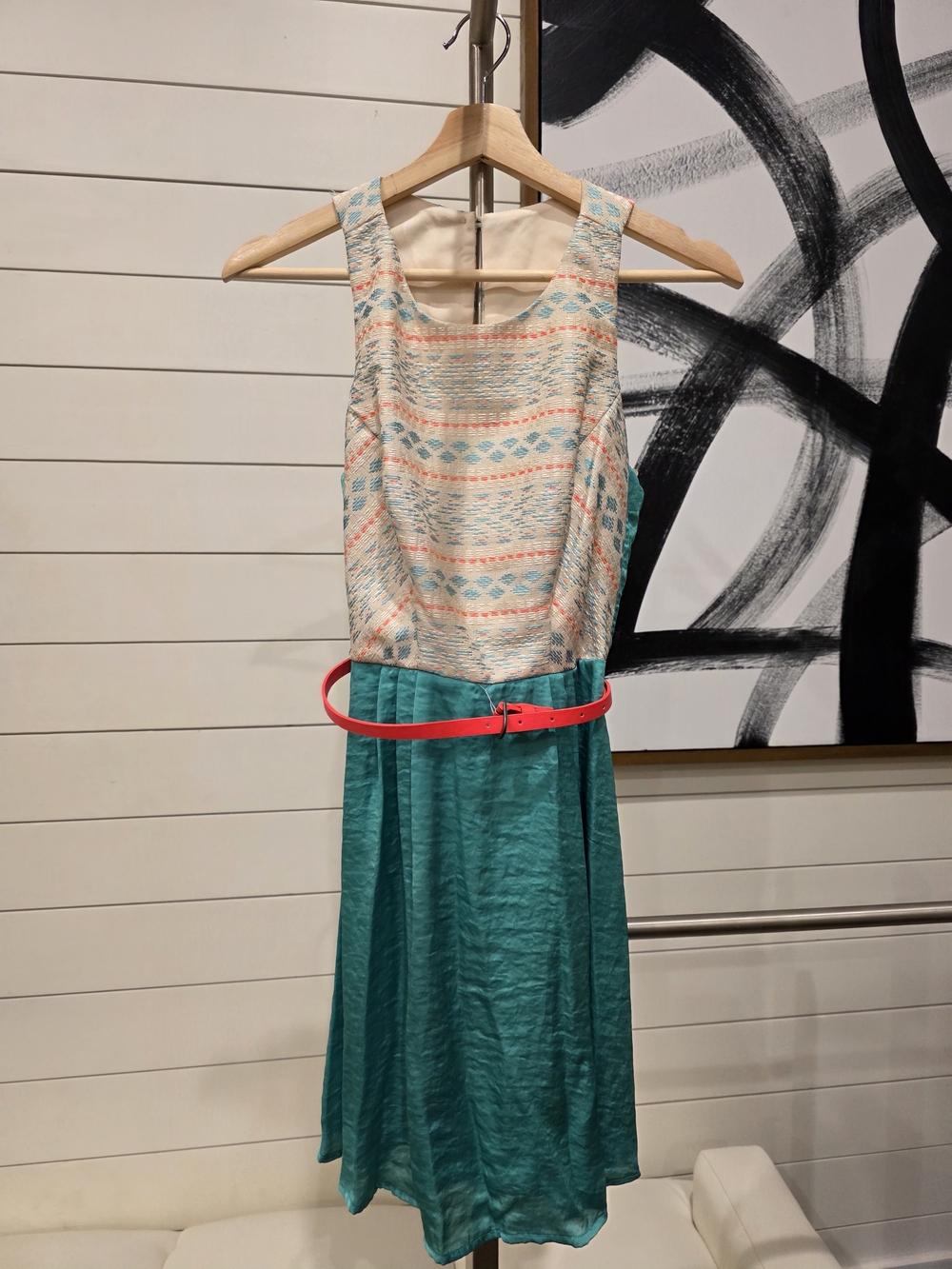 Teal and Ivory Patterned Sleeveless Dress with Coral Belt